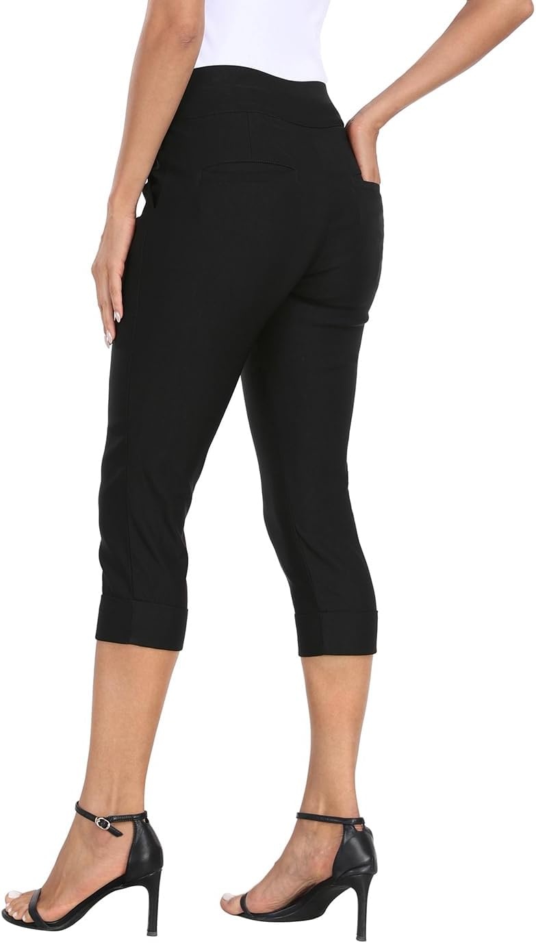 image:imageHDE Pull On Dressy Capri Pants for Women Mid Rise Stretch 19 Inseam Pedal Pushers with Pockets Casual Dressy Office CaprisBlack