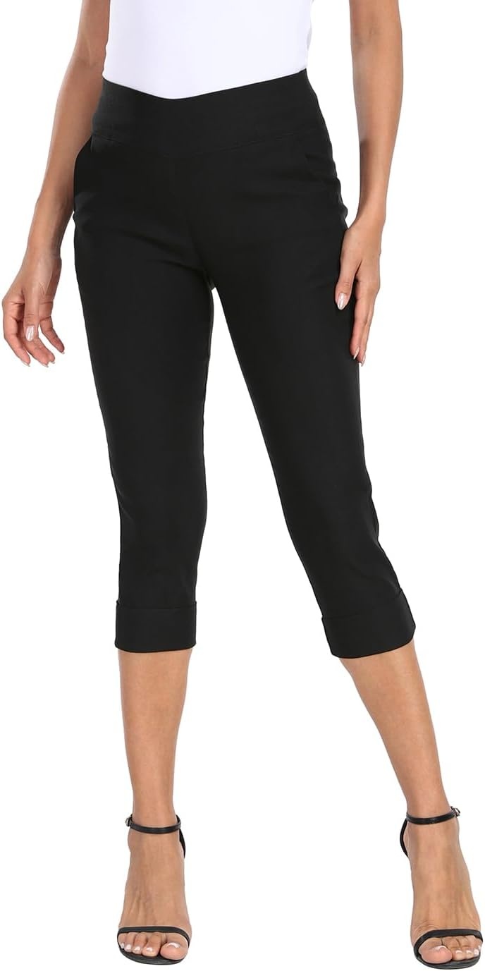 image:imageHDE Pull On Dressy Capri Pants for Women Mid Rise Stretch 19 Inseam Pedal Pushers with Pockets Casual Dressy Office CaprisBlack