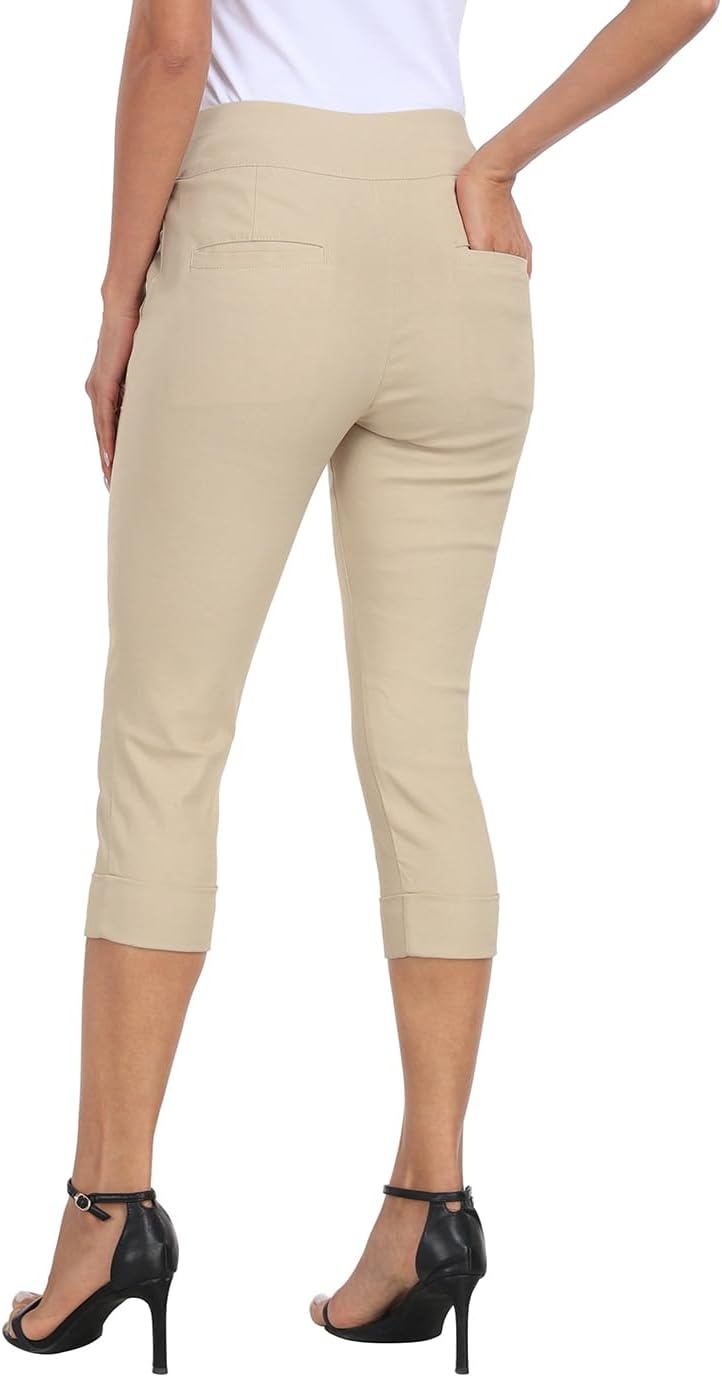 image:imageHDE Pull On Dressy Capri Pants for Women Mid Rise Stretch 19 Inseam Pedal Pushers with Pockets Casual Dressy Office CaprisKhaki