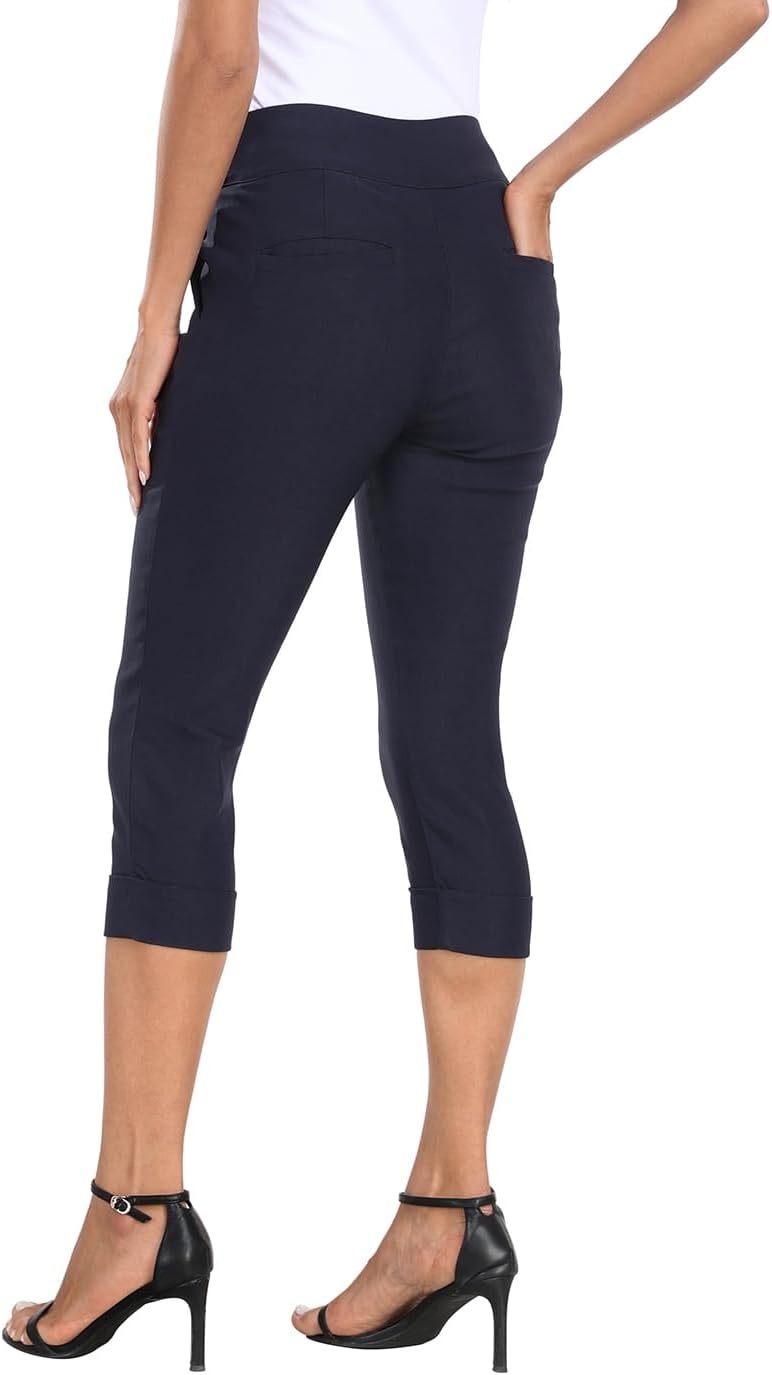 image:imageHDE Pull On Dressy Capri Pants for Women Mid Rise Stretch 19 Inseam Pedal Pushers with Pockets Casual Dressy Office CaprisNavy Blue