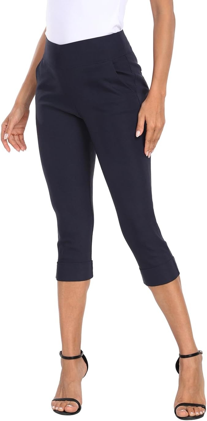 image:imageHDE Pull On Dressy Capri Pants for Women Mid Rise Stretch 19 Inseam Pedal Pushers with Pockets Casual Dressy Office CaprisNavy Blue
