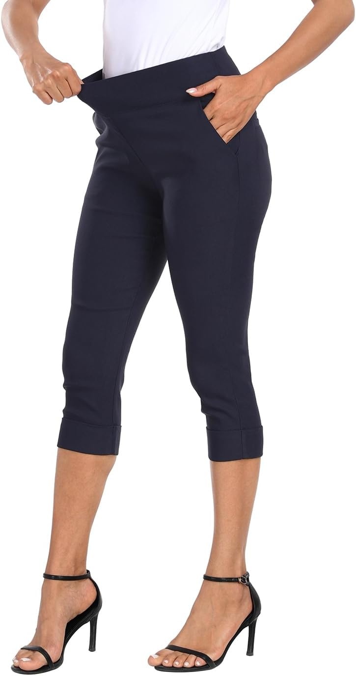 image:imageHDE Pull On Dressy Capri Pants for Women Mid Rise Stretch 19 Inseam Pedal Pushers with Pockets Casual Dressy Office CaprisNavy Blue