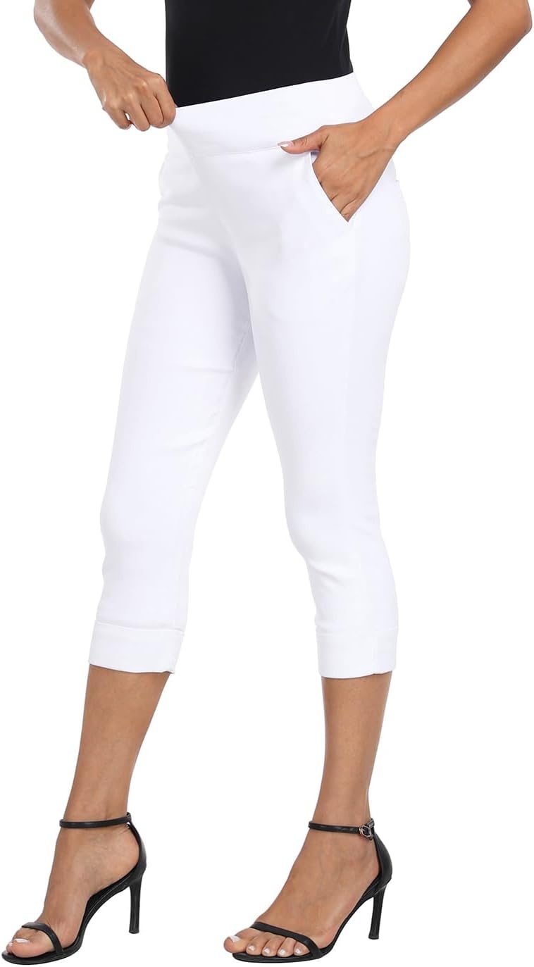 image:imageHDE Pull On Dressy Capri Pants for Women Mid Rise Stretch 19 Inseam Pedal Pushers with Pockets Casual Dressy Office CaprisWhite