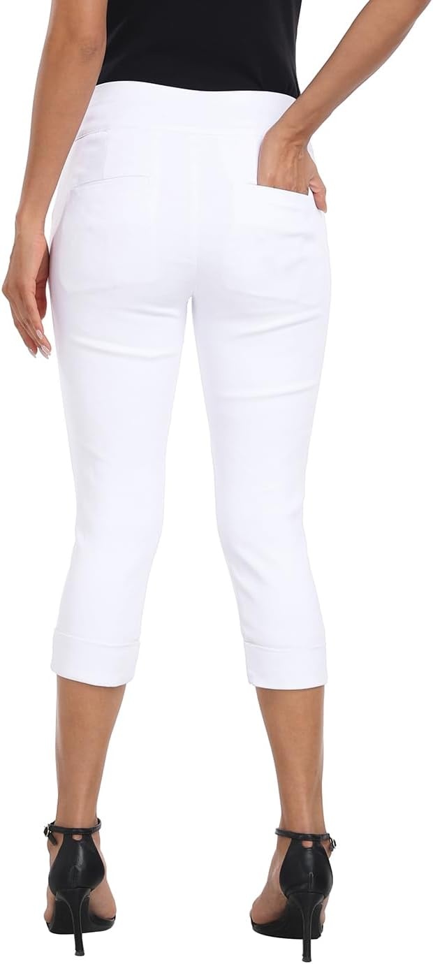 image:imageHDE Pull On Dressy Capri Pants for Women Mid Rise Stretch 19 Inseam Pedal Pushers with Pockets Casual Dressy Office CaprisWhite