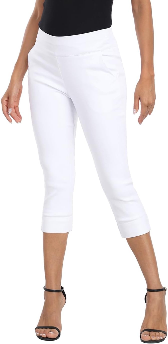 image:imageHDE Pull On Dressy Capri Pants for Women Mid Rise Stretch 19 Inseam Pedal Pushers with Pockets Casual Dressy Office CaprisWhite