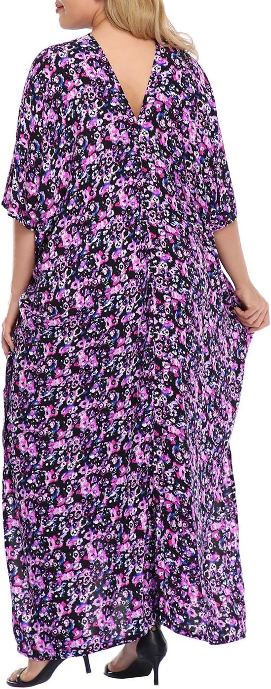 image:imageHDE Women UPF 30 Kaftan Dress Oversize V Neck Long Plus Size Maxi Swim Cover UpAbstract Floral