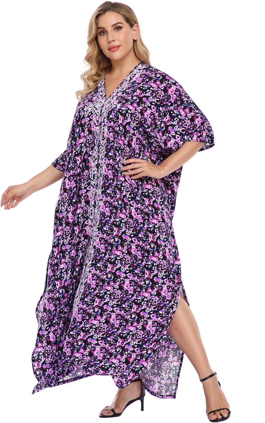 image:imageHDE Women UPF 30 Kaftan Dress Oversize V Neck Long Plus Size Maxi Swim Cover UpAbstract Floral