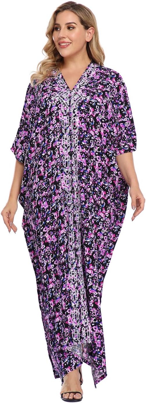image:imageHDE Women UPF 30 Kaftan Dress Oversize V Neck Long Plus Size Maxi Swim Cover UpAbstract Floral