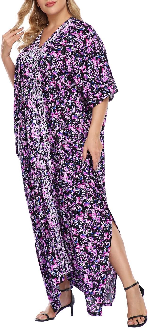 image:imageHDE Women UPF 30 Kaftan Dress Oversize V Neck Long Plus Size Maxi Swim Cover UpAbstract Floral