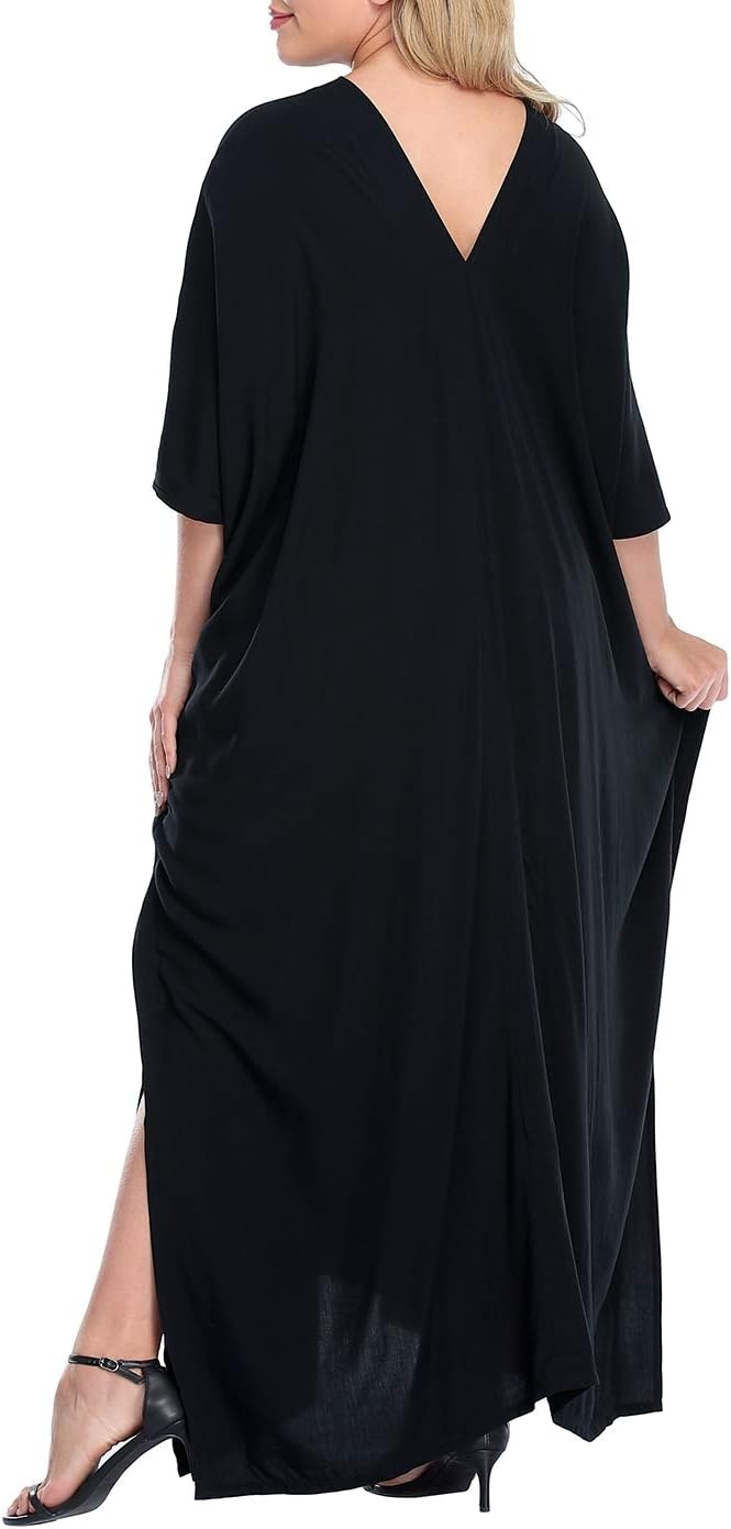 image:imageHDE Women UPF 30 Kaftan Dress Oversize V Neck Long Plus Size Maxi Swim Cover UpBlack