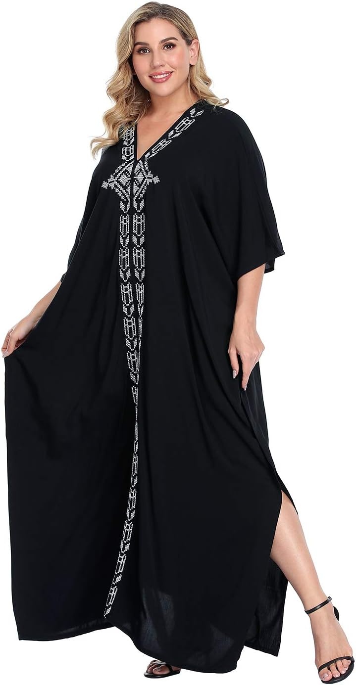 image:imageHDE Women UPF 30 Kaftan Dress Oversize V Neck Long Plus Size Maxi Swim Cover UpBlack