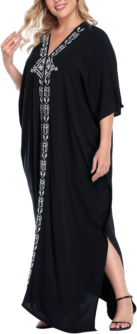 image:imageHDE Women UPF 30 Kaftan Dress Oversize V Neck Long Plus Size Maxi Swim Cover UpBlack
