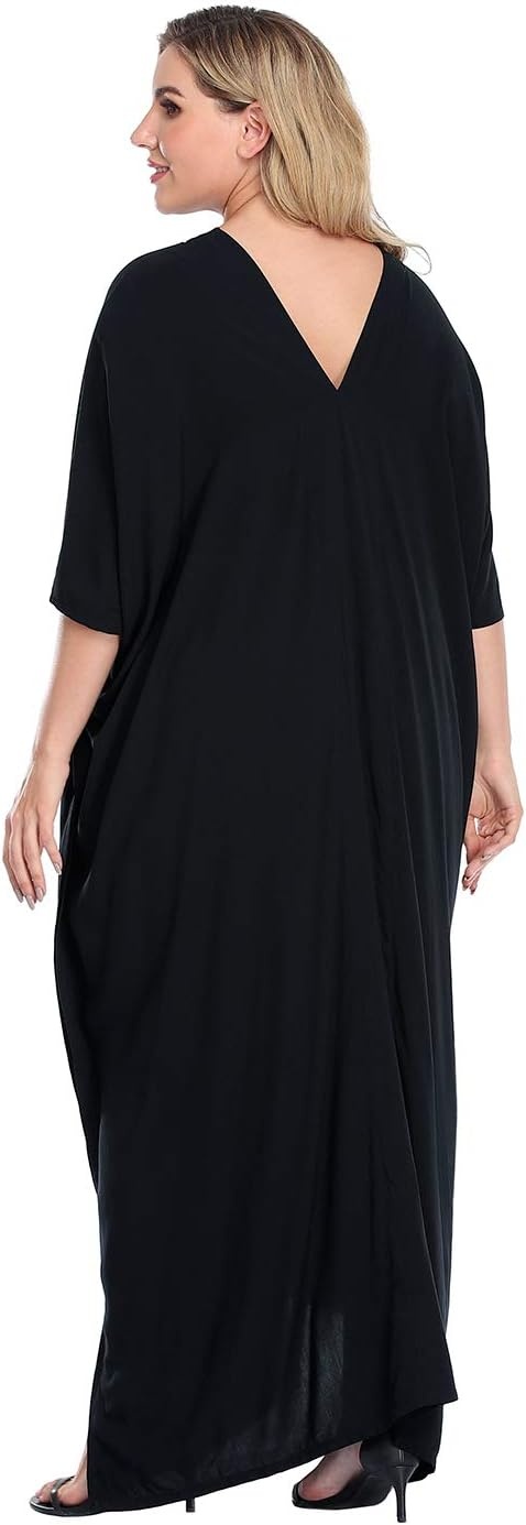 image:imageHDE Women UPF 30 Kaftan Dress Oversize V Neck Long Plus Size Maxi Swim Cover UpBlack