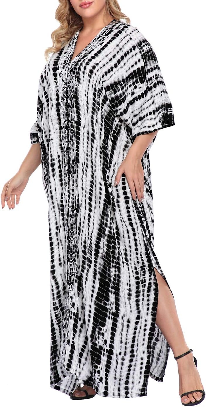 image:imageHDE Women UPF 30 Kaftan Dress Oversize V Neck Long Plus Size Maxi Swim Cover UpBlack Tie Dye