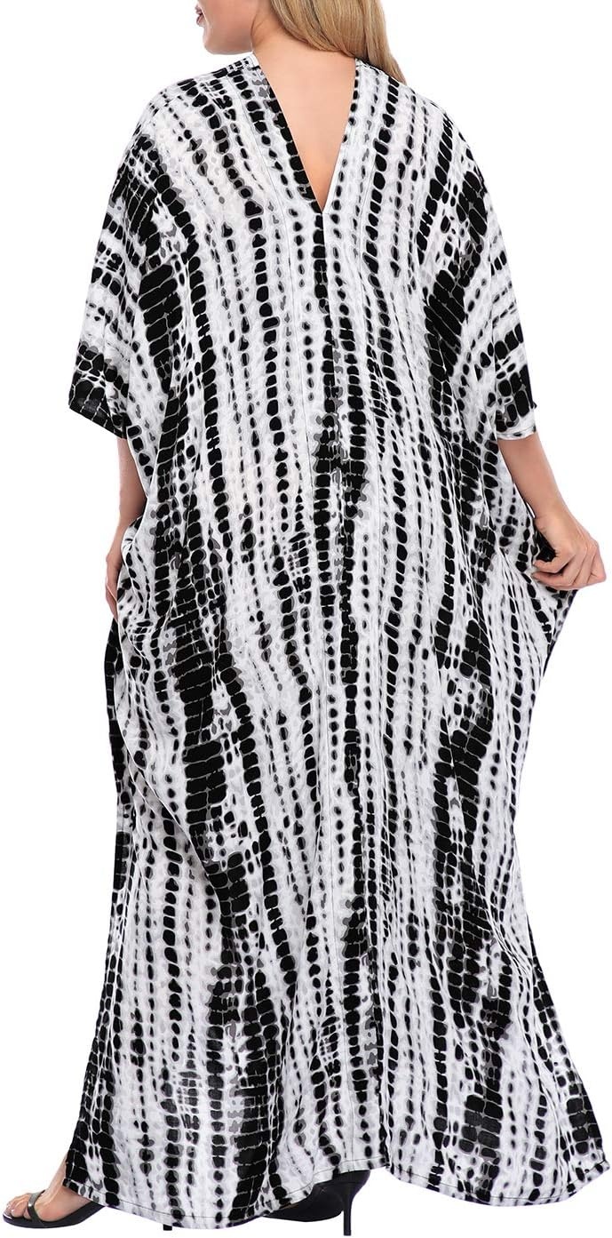 image:imageHDE Women UPF 30 Kaftan Dress Oversize V Neck Long Plus Size Maxi Swim Cover UpBlack Tie Dye