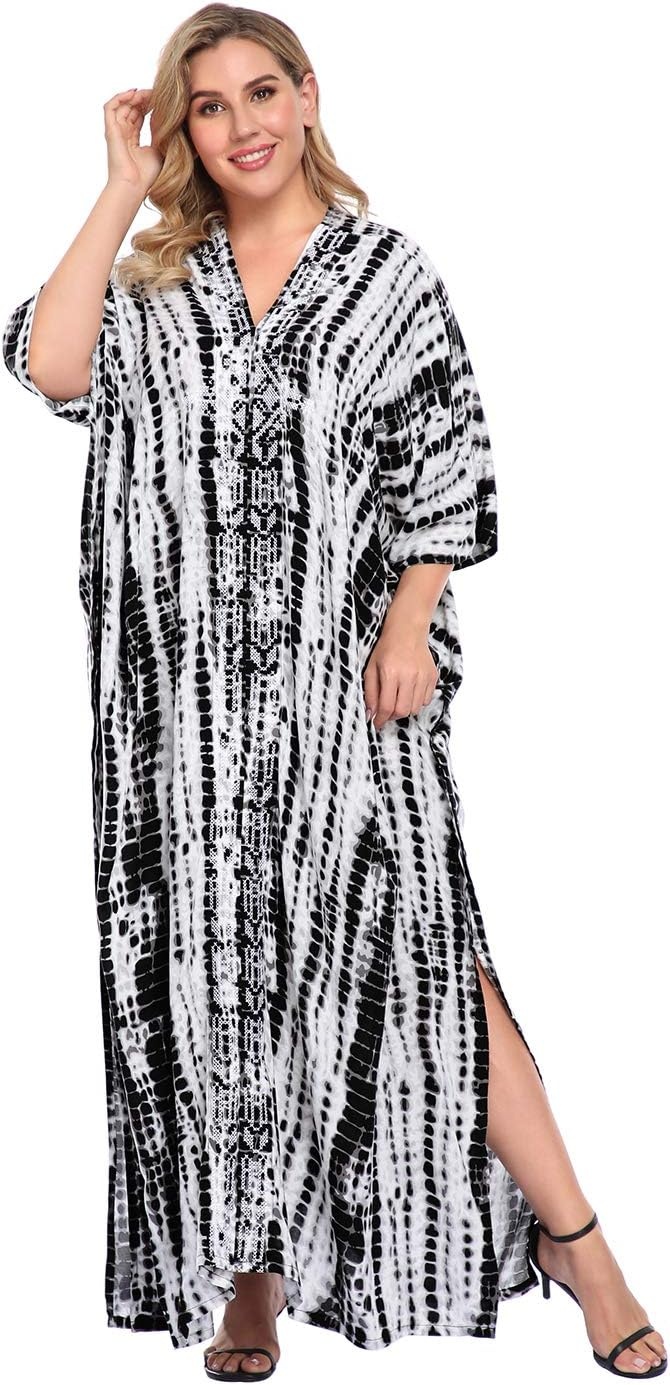 image:imageHDE Women UPF 30 Kaftan Dress Oversize V Neck Long Plus Size Maxi Swim Cover UpBlack Tie Dye