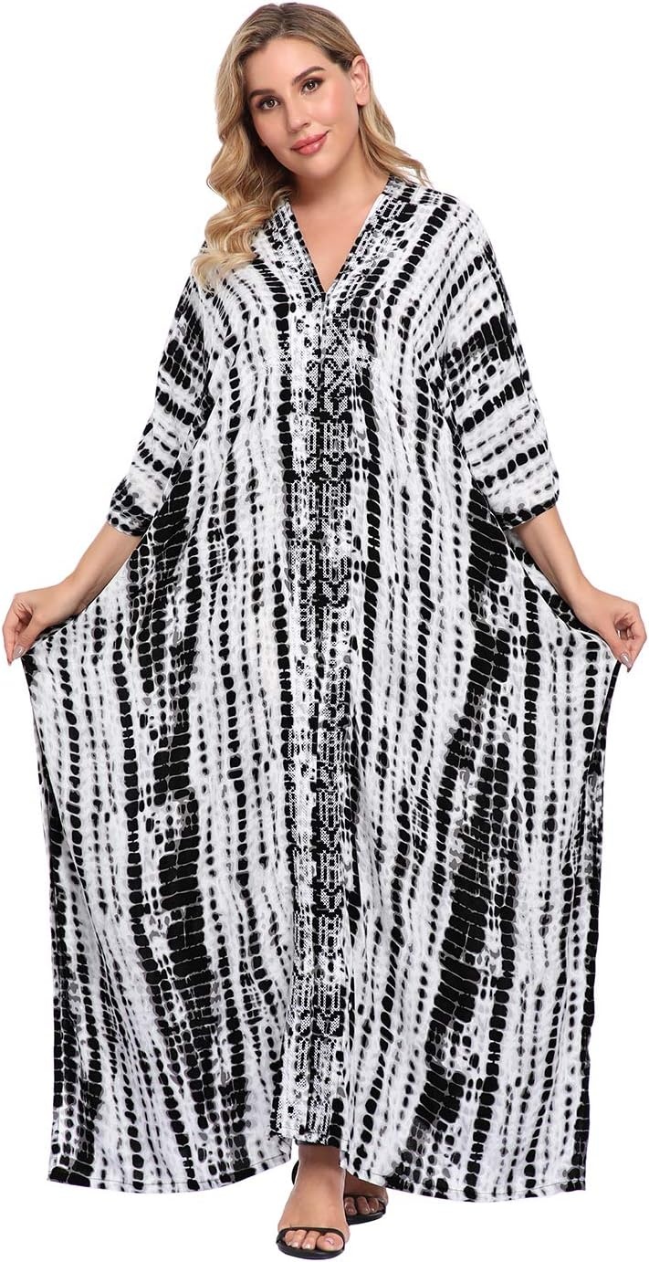 image:imageHDE Women UPF 30 Kaftan Dress Oversize V Neck Long Plus Size Maxi Swim Cover UpBlack Tie Dye