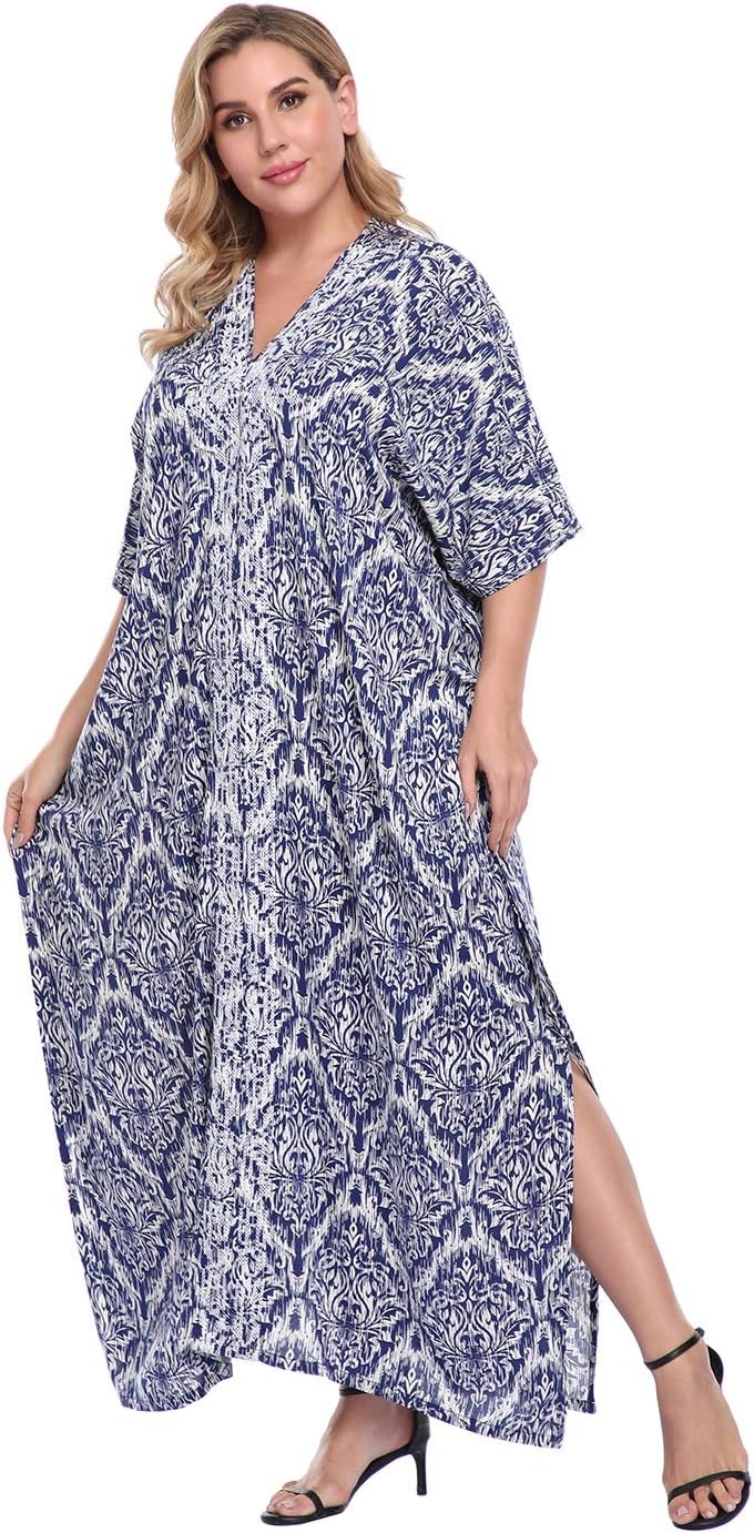 image:imageHDE Women UPF 30 Kaftan Dress Oversize V Neck Long Plus Size Maxi Swim Cover UpNavy Damask
