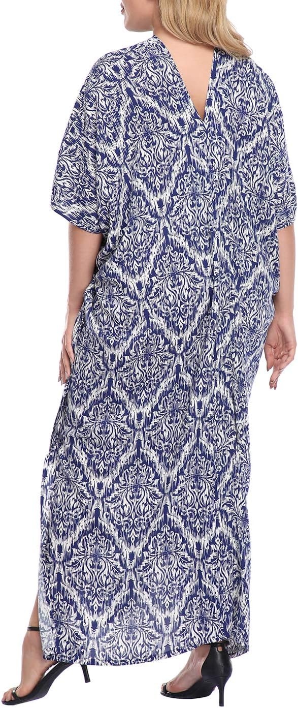 image:imageHDE Women UPF 30 Kaftan Dress Oversize V Neck Long Plus Size Maxi Swim Cover UpNavy Damask