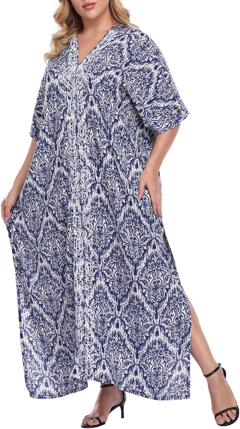 image:imageHDE Women UPF 30 Kaftan Dress Oversize V Neck Long Plus Size Maxi Swim Cover UpNavy Damask