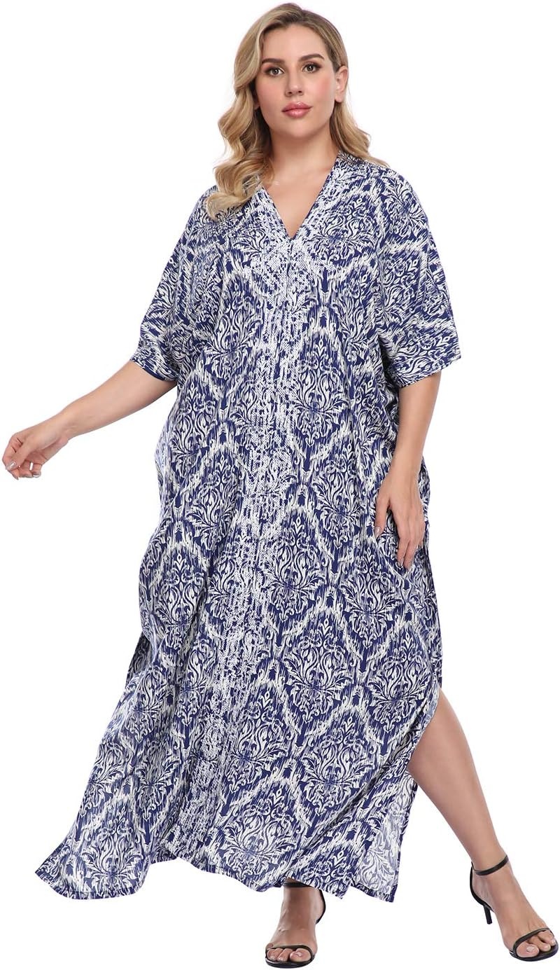 image:imageHDE Women UPF 30 Kaftan Dress Oversize V Neck Long Plus Size Maxi Swim Cover UpNavy Damask