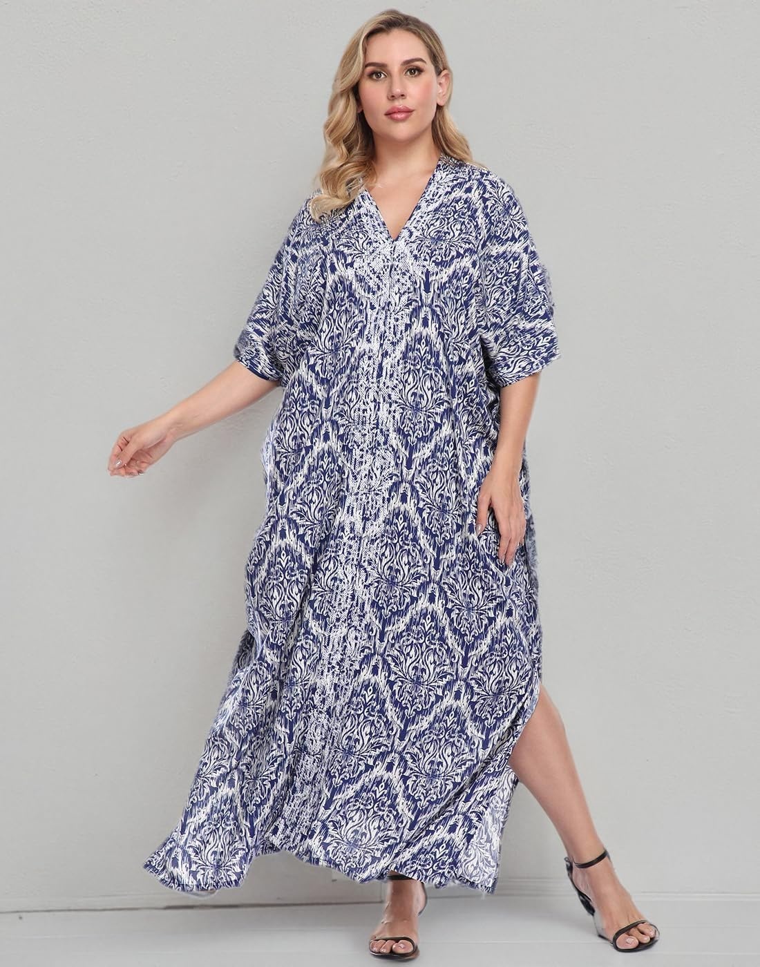 image:imageHDE Women UPF 30 Kaftan Dress Oversize V Neck Long Plus Size Maxi Swim Cover UpNavy Damask