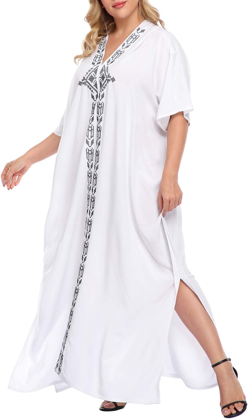 image:imageHDE Women UPF 30 Kaftan Dress Oversize V Neck Long Plus Size Maxi Swim Cover UpWhite