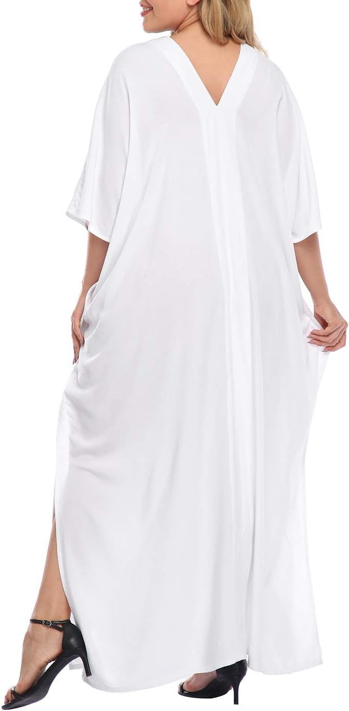 image:imageHDE Women UPF 30 Kaftan Dress Oversize V Neck Long Plus Size Maxi Swim Cover UpWhite