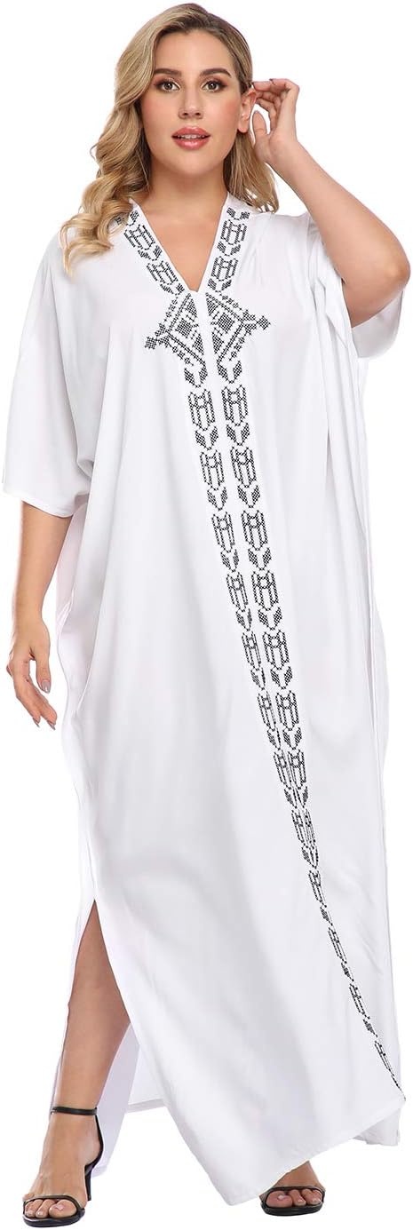 image:imageHDE Women UPF 30 Kaftan Dress Oversize V Neck Long Plus Size Maxi Swim Cover UpWhite