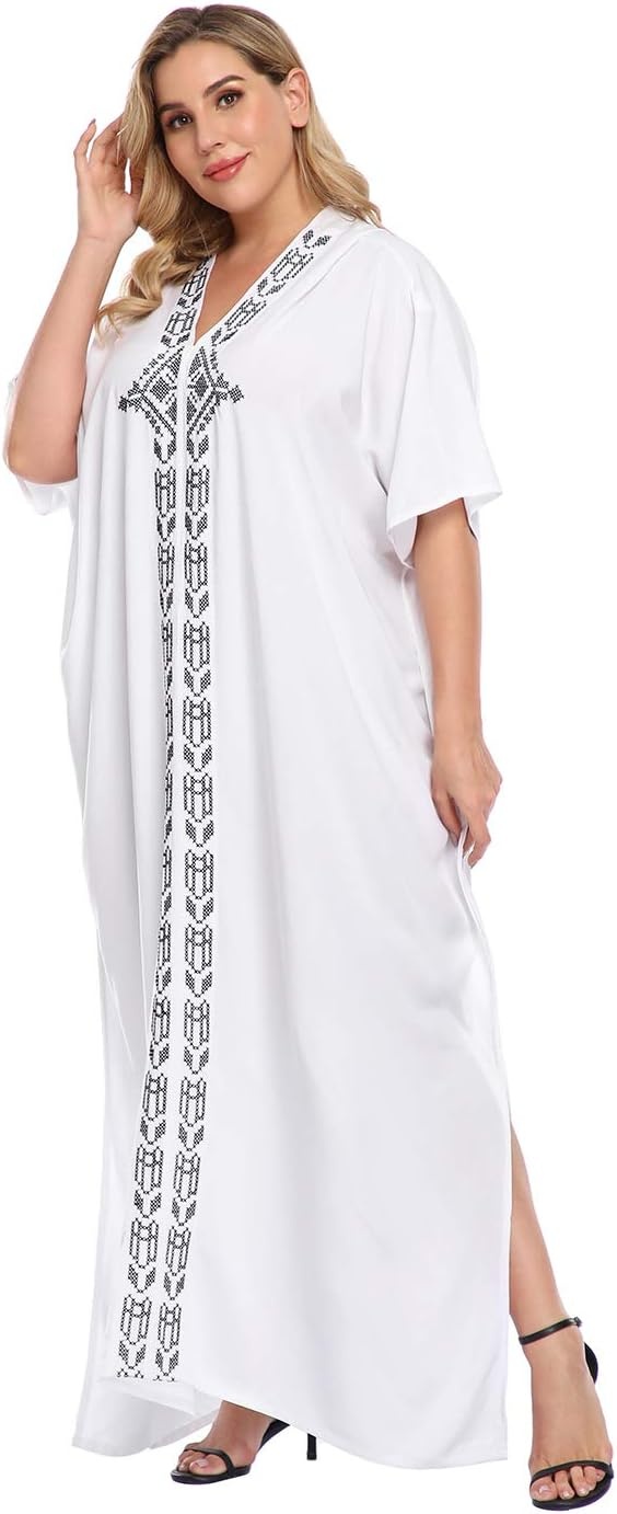 image:imageHDE Women UPF 30 Kaftan Dress Oversize V Neck Long Plus Size Maxi Swim Cover UpWhite