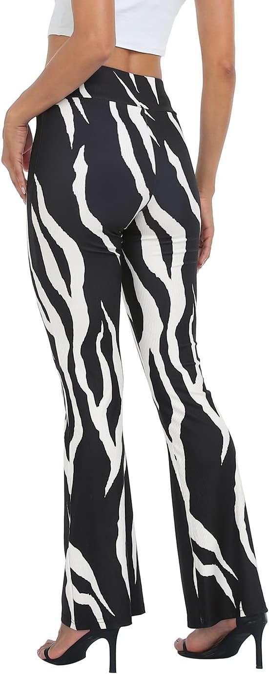 image:imageHDE Womens Casual Crossover Flare Yoga Pants Stretch Tummy Control Ribbed High Waist Leggings Wide Bootcut Bell BottomsAbstract Zebra