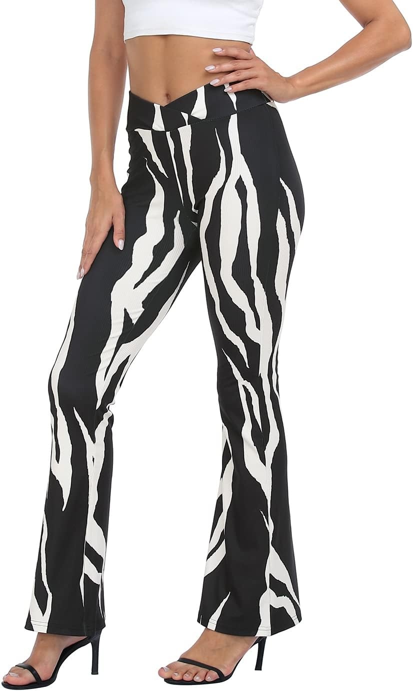 image:imageHDE Womens Casual Crossover Flare Yoga Pants Stretch Tummy Control Ribbed High Waist Leggings Wide Bootcut Bell BottomsAbstract Zebra