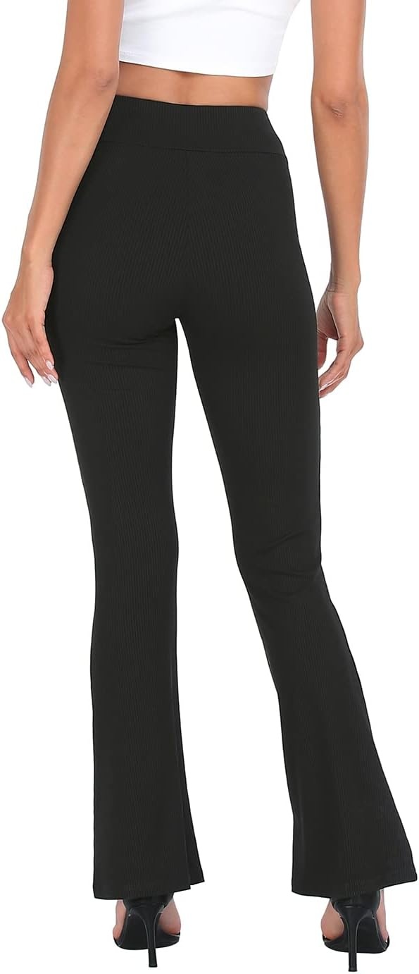 image:imageHDE Womens Casual Crossover Flare Yoga Pants Stretch Tummy Control Ribbed High Waist Leggings Wide Bootcut Bell BottomsBlack