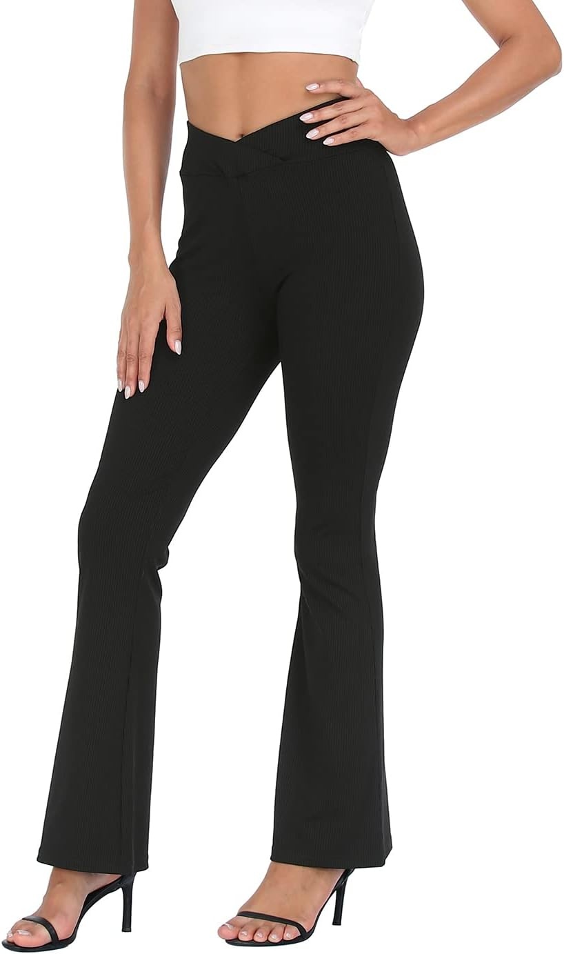 image:imageHDE Womens Casual Crossover Flare Yoga Pants Stretch Tummy Control Ribbed High Waist Leggings Wide Bootcut Bell BottomsBlack
