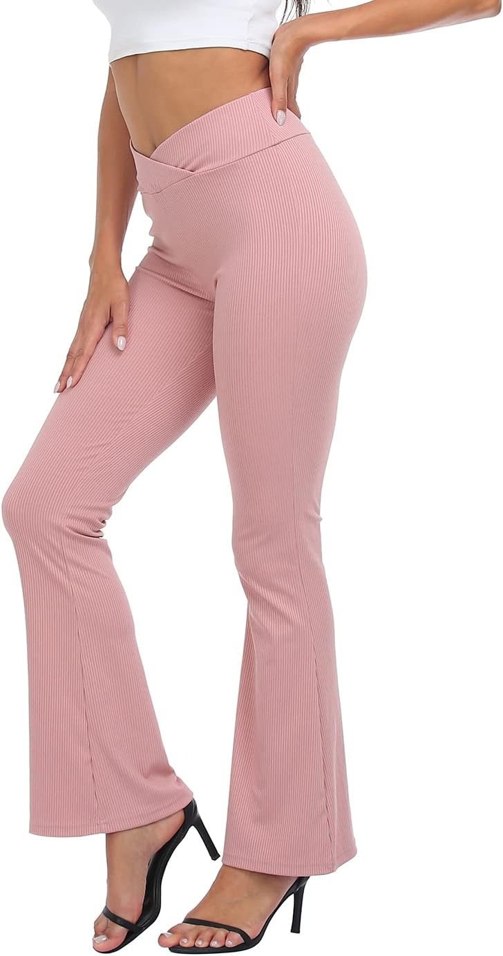 image:imageHDE Womens Casual Crossover Flare Yoga Pants Stretch Tummy Control Ribbed High Waist Leggings Wide Bootcut Bell BottomsPink