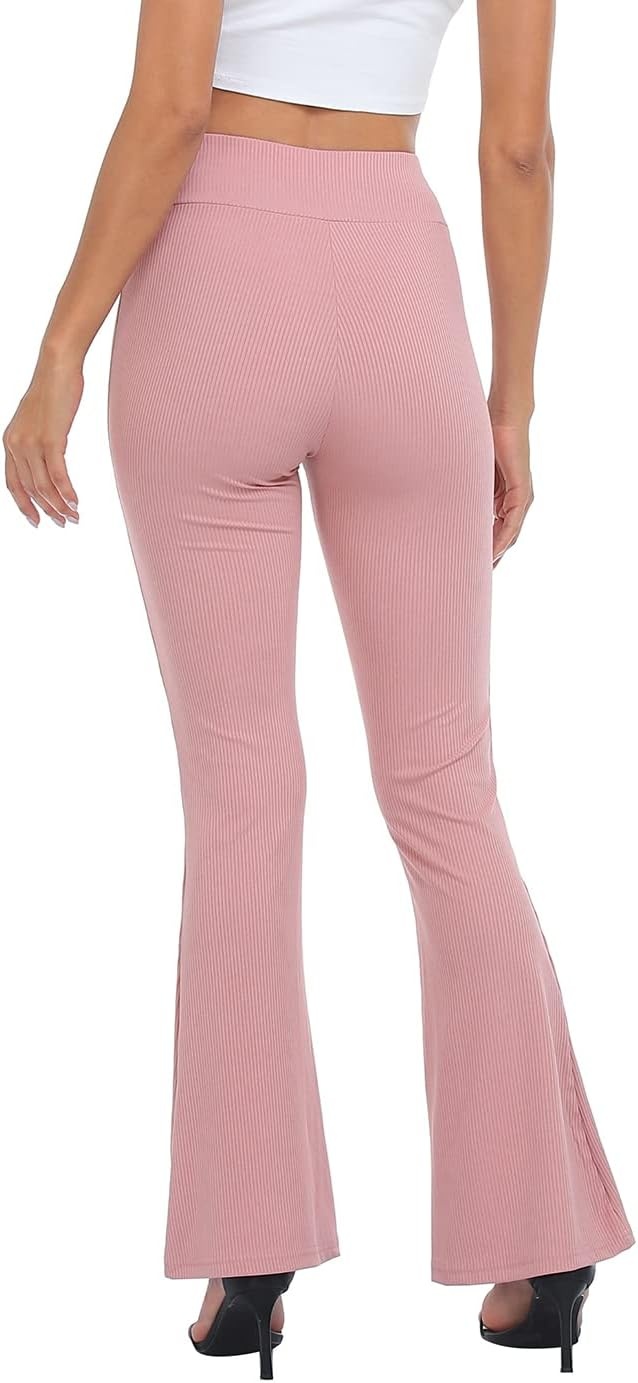 image:imageHDE Womens Casual Crossover Flare Yoga Pants Stretch Tummy Control Ribbed High Waist Leggings Wide Bootcut Bell BottomsPink