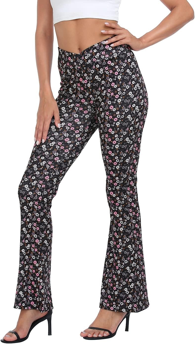 image:imageHDE Womens Casual Crossover Flare Yoga Pants Stretch Tummy Control Ribbed High Waist Leggings Wide Bootcut Bell BottomsPink Retro Floral