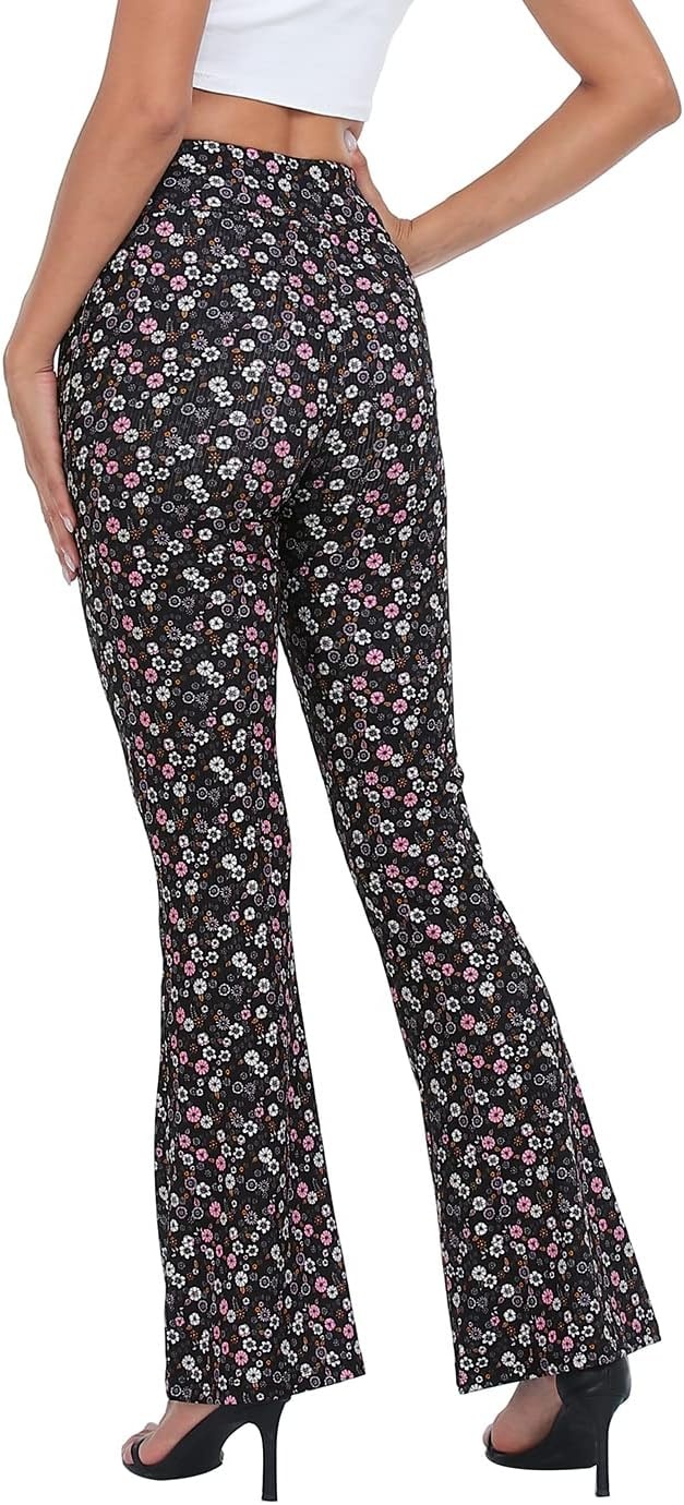 image:imageHDE Womens Casual Crossover Flare Yoga Pants Stretch Tummy Control Ribbed High Waist Leggings Wide Bootcut Bell BottomsPink Retro Floral