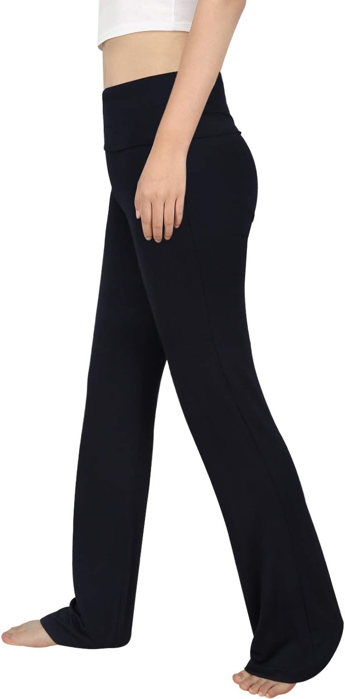 image:imageHDE Womens Color Block Fold Over Waist Yoga Pants Flare Leg Workout LeggingsBlack
