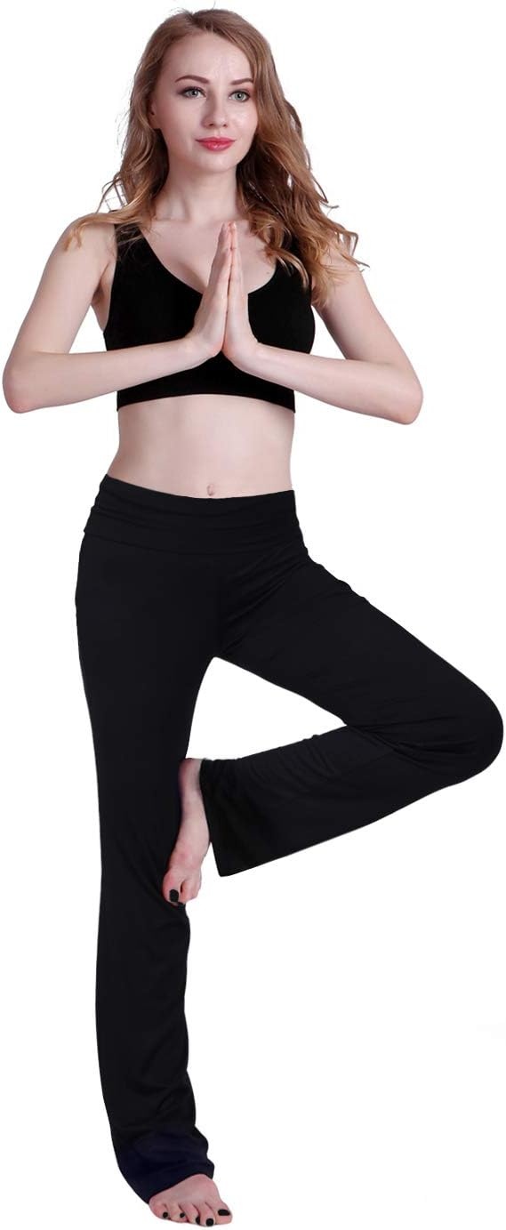 image:imageHDE Womens Color Block Fold Over Waist Yoga Pants Flare Leg Workout LeggingsBlack