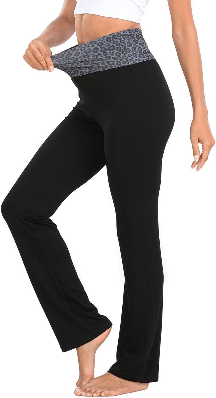 image:imageHDE Womens Color Block Fold Over Waist Yoga Pants Flare Leg Workout LeggingsBlack Leopard Black