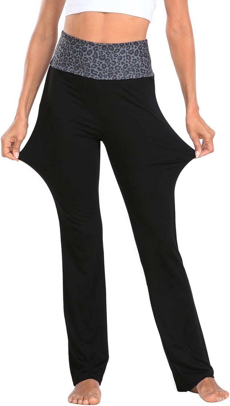 image:imageHDE Womens Color Block Fold Over Waist Yoga Pants Flare Leg Workout LeggingsBlack Leopard Black