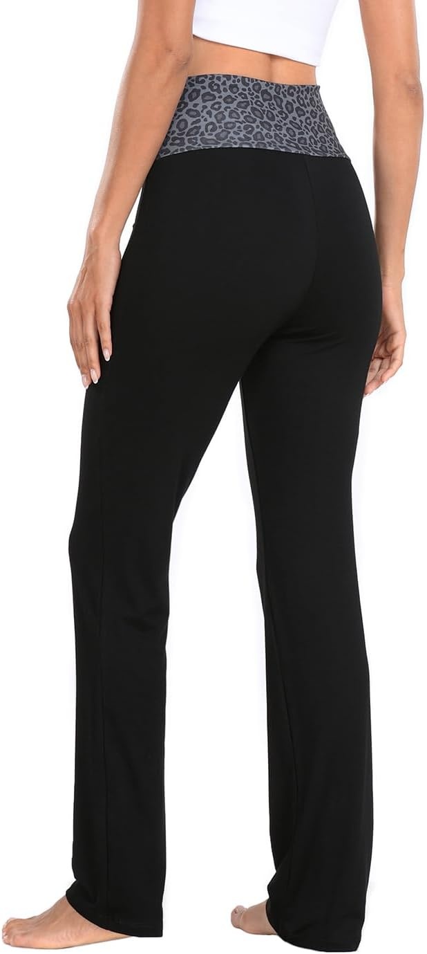 image:imageHDE Womens Color Block Fold Over Waist Yoga Pants Flare Leg Workout LeggingsBlack Leopard Black