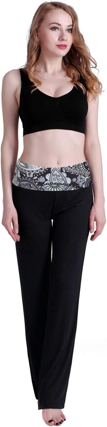 image:imageHDE Womens Color Block Fold Over Waist Yoga Pants Flare Leg Workout LeggingsBlack Paisley