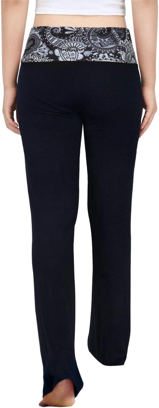 image:imageHDE Womens Color Block Fold Over Waist Yoga Pants Flare Leg Workout LeggingsBlack Paisley