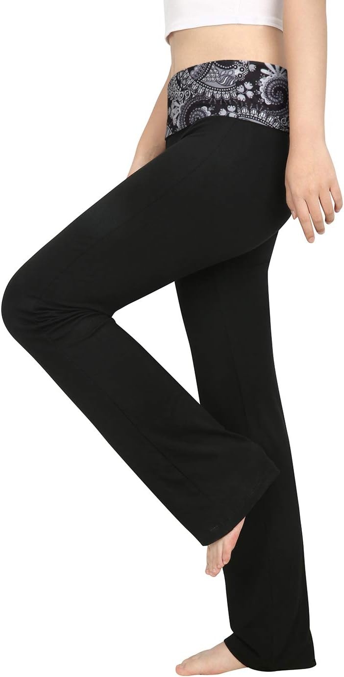 image:imageHDE Womens Color Block Fold Over Waist Yoga Pants Flare Leg Workout LeggingsBlack Paisley