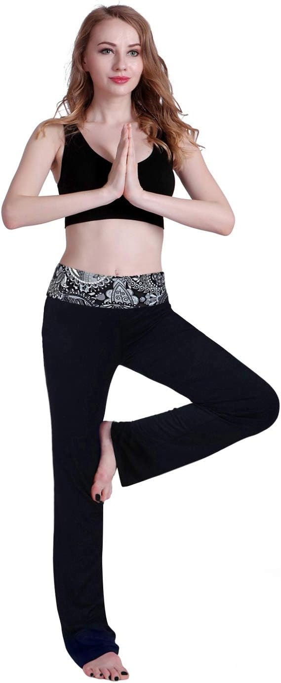 image:imageHDE Womens Color Block Fold Over Waist Yoga Pants Flare Leg Workout LeggingsBlack Paisley
