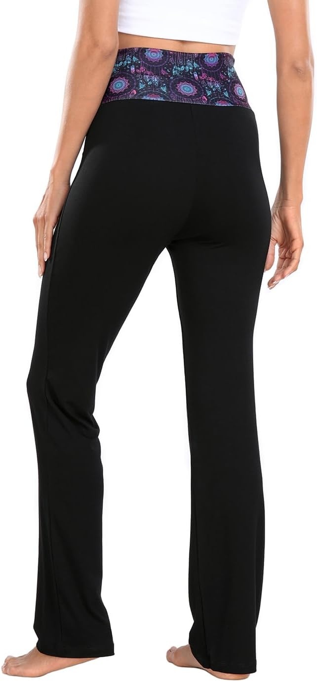 image:imageHDE Womens Color Block Fold Over Waist Yoga Pants Flare Leg Workout LeggingsDreamcatcher Black