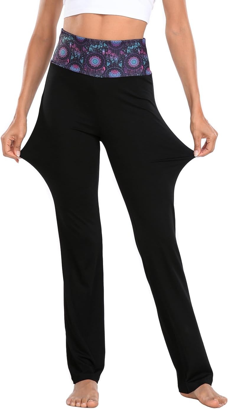 image:imageHDE Womens Color Block Fold Over Waist Yoga Pants Flare Leg Workout LeggingsDreamcatcher Black