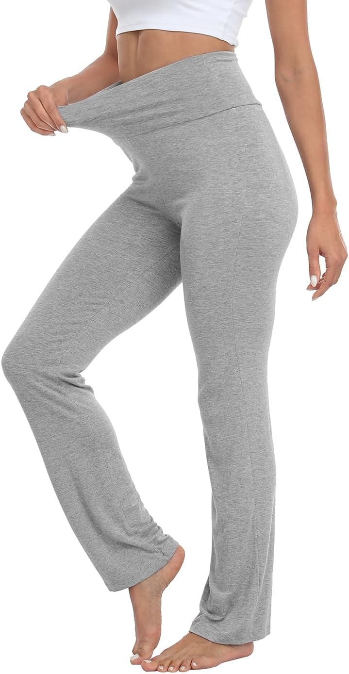 image:imageHDE Womens Color Block Fold Over Waist Yoga Pants Flare Leg Workout LeggingsHeather Gray